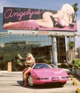 Angelyne, as shown on her billboards that have been scattered through Hollywood over the last four decades. Photo by Thomas Hawke, under a Creative Commons license.